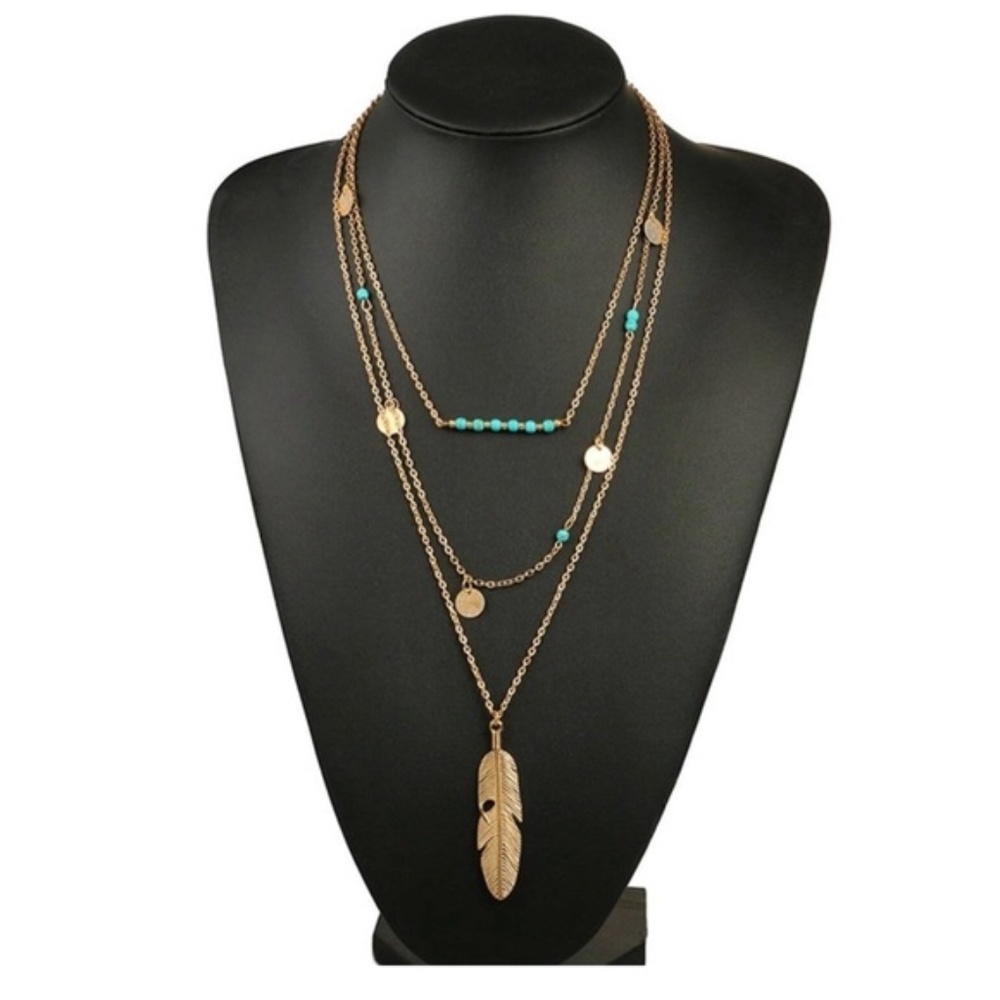 Turquoise Delicate Layered Boho Feather Necklace